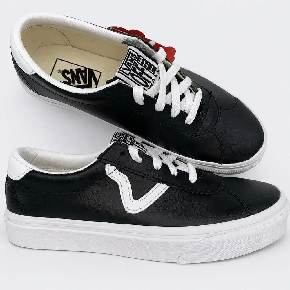 Vans Sport Leather Sneakers Women’s 8 Men’s 6.5 Black White Flying V NWOB